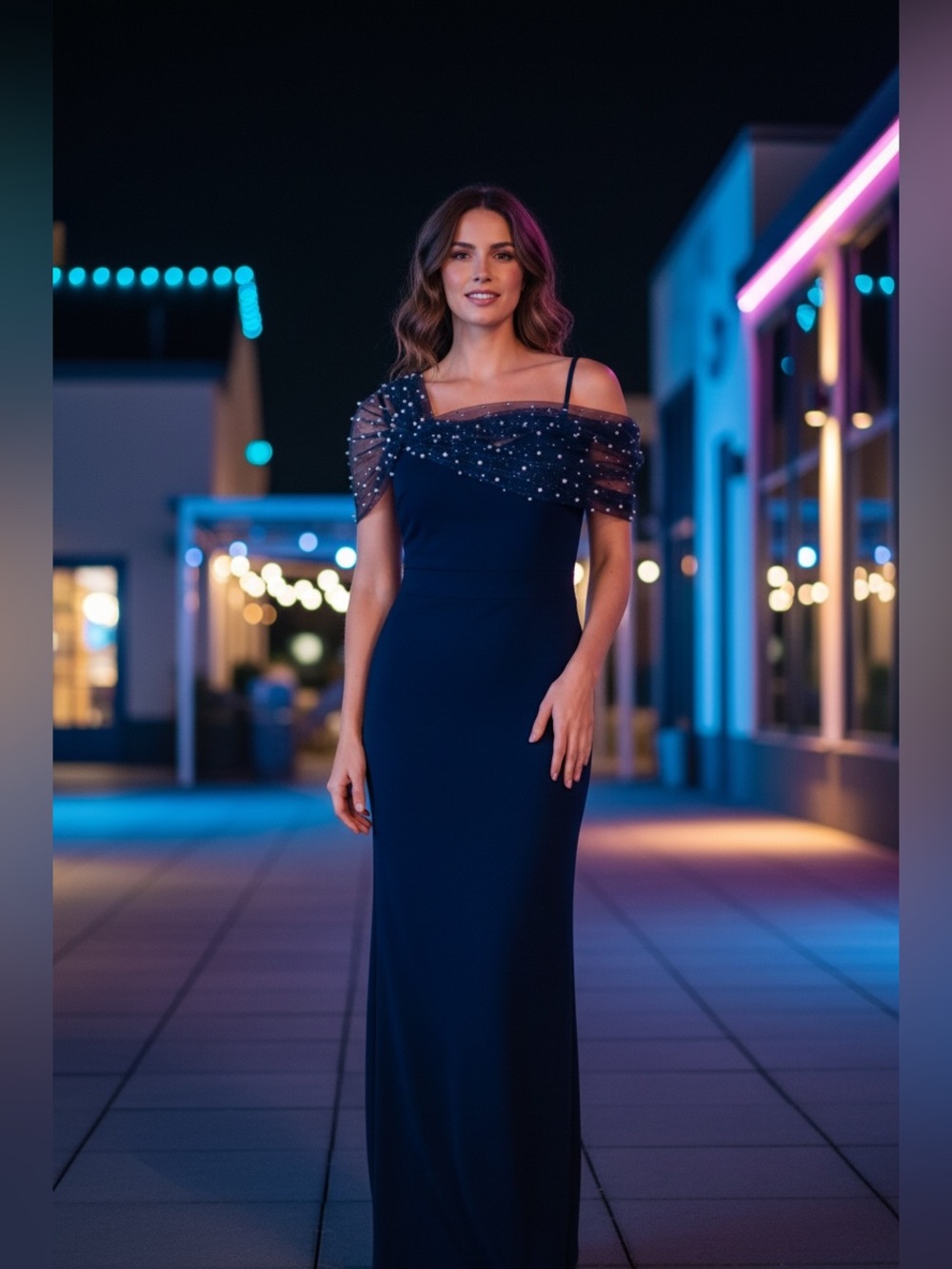 Eliza J Dress Sz 8 Embellished Tulle Off-Shoulder Column Evening Gown Navy Pearl